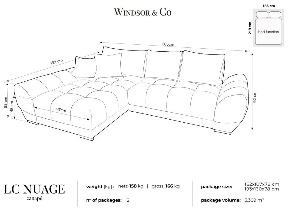 Colțar extensibil cu tapițerie de catifea și șezlong pe partea stângă Windsor &amp; Co Sofas Nuage, gri închis