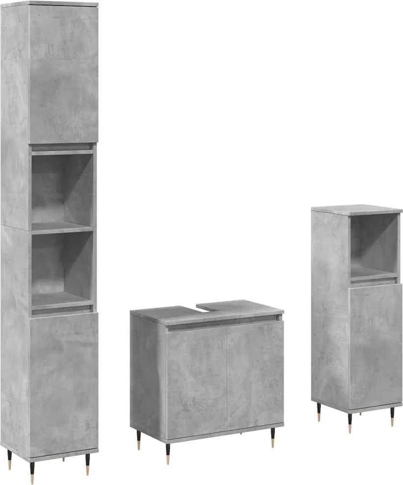 vidaXL Set mobilier de baie, 3 piese, gri beton, lemn compozit