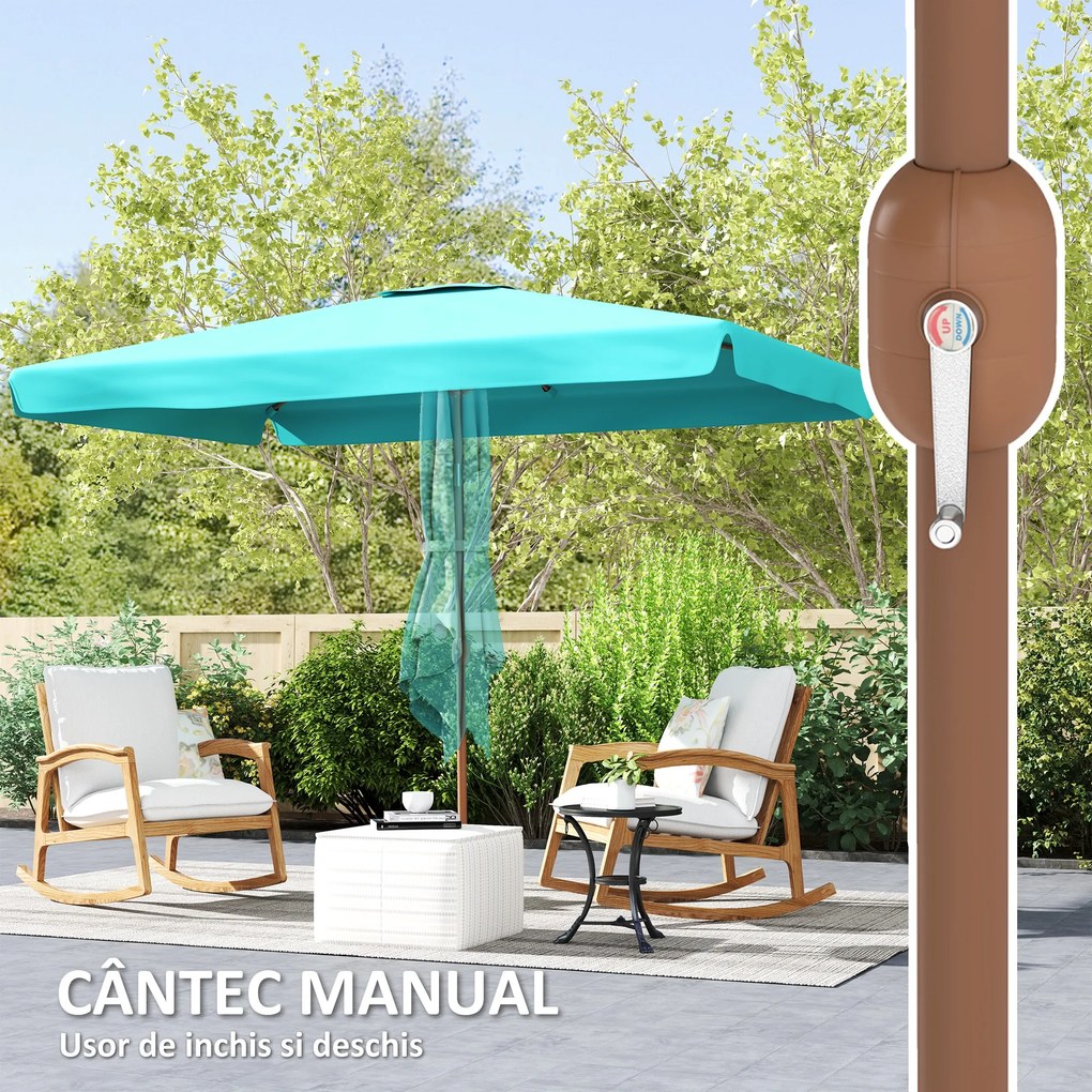 Outsunny Umbrelă de Grădină Înclinabilă cu Deschidere cu Manivelă și Orificiu de Aerisire, 300x200x235 cm, Turcoaz | Aosom Romania