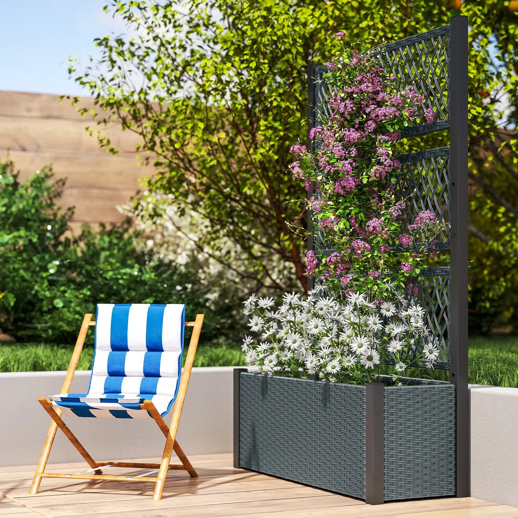 Outsunny Jardinieră înaltă cu spalier în aspect rattan, ghiveci cu suport pentru cățărătoare 90 x 35 x 148 cm Gri închis | Aosom Romania