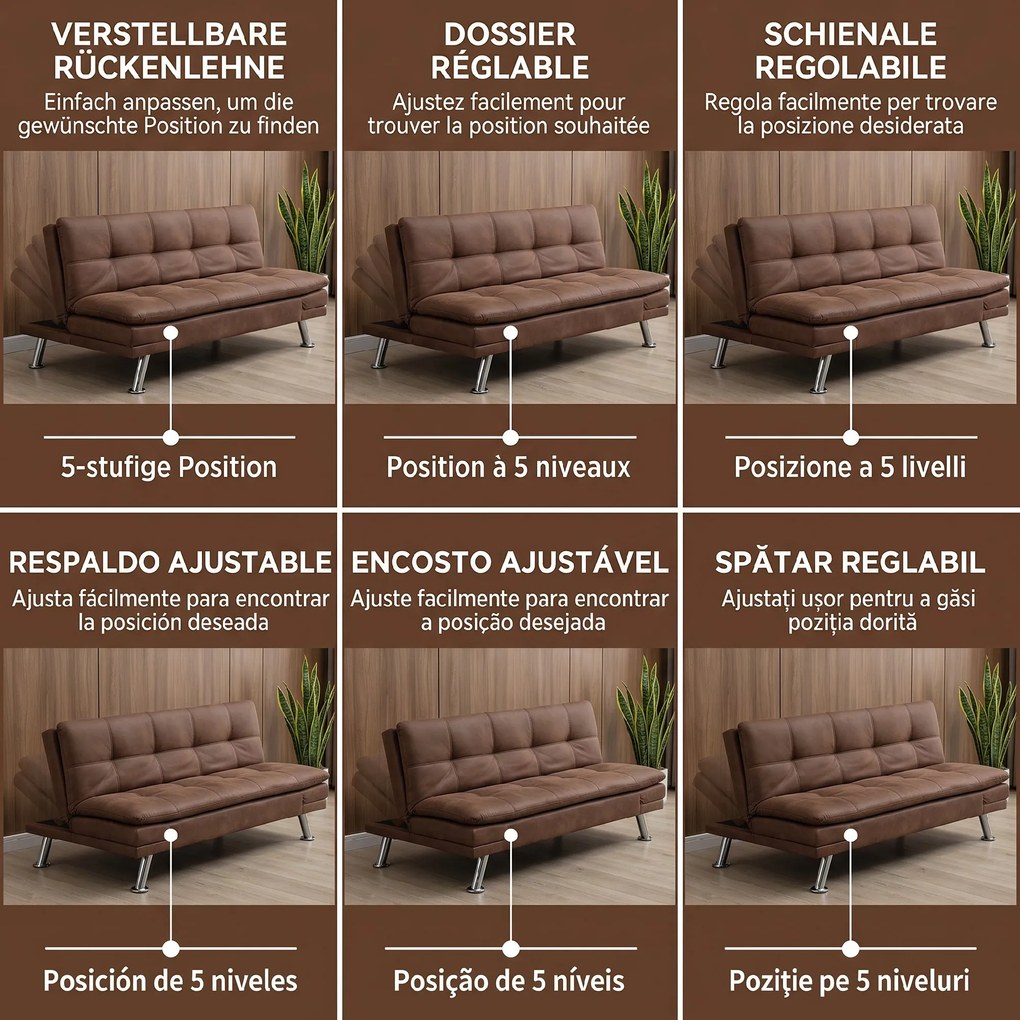 HOMCOM Canapea Extensibilă 2 Locuri din Piele Întoarsă Sintetică cu Spătar Reglabil și 2 Perne, Maro Închis | Aosom Romania