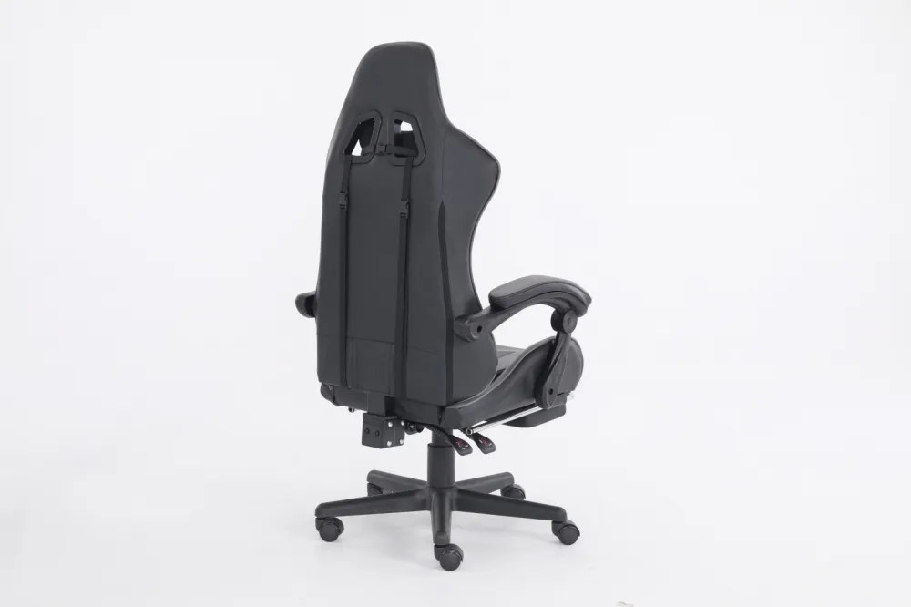 Scaun gaming, masaj în perna lombară, suport picioare, PU, Negru/Gri