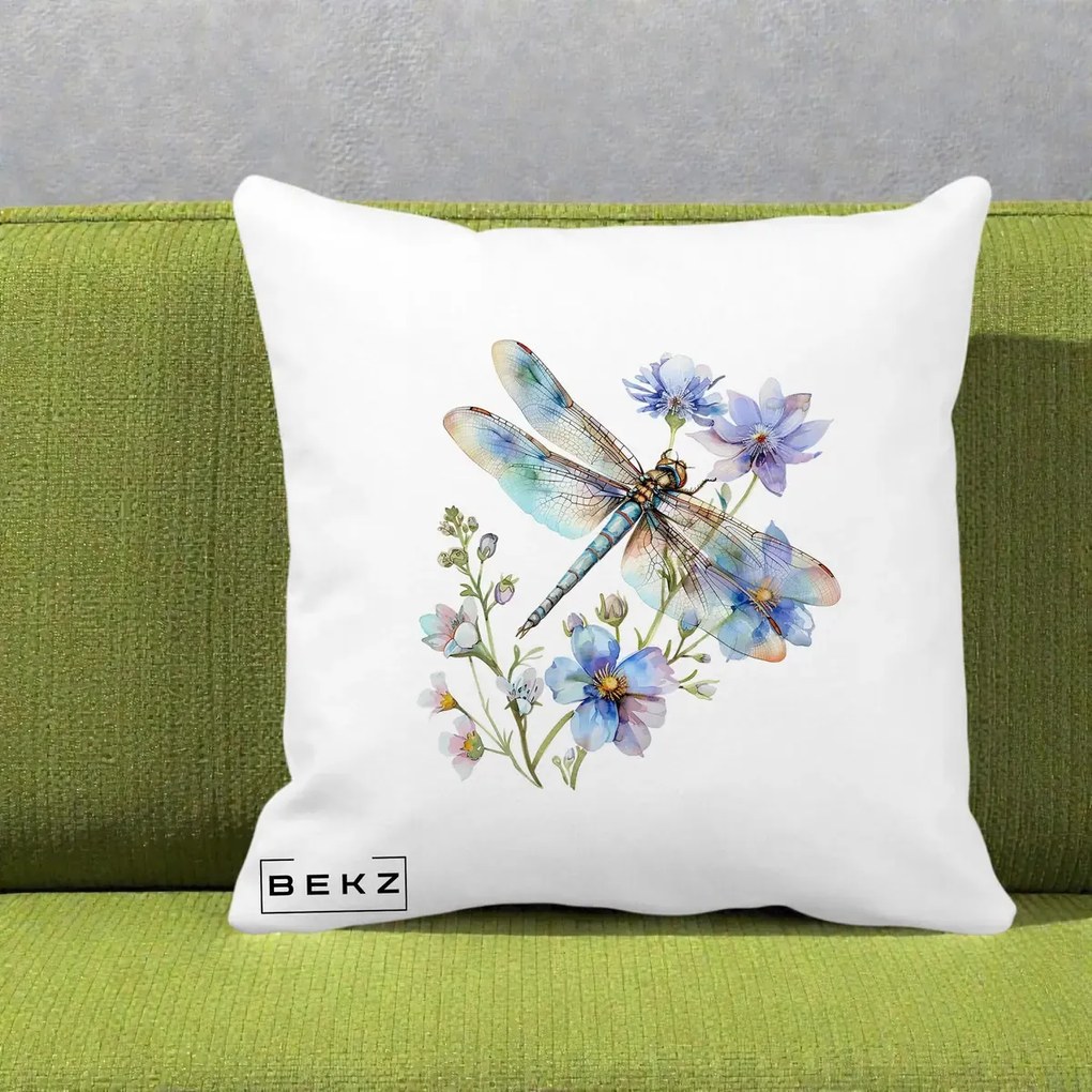 Perna Decorativa Libelula Acuarela Flori Albastre, 40x40 cm, Alba Mata, Husa Detasabila, Perna Inclusa, BEKZ®