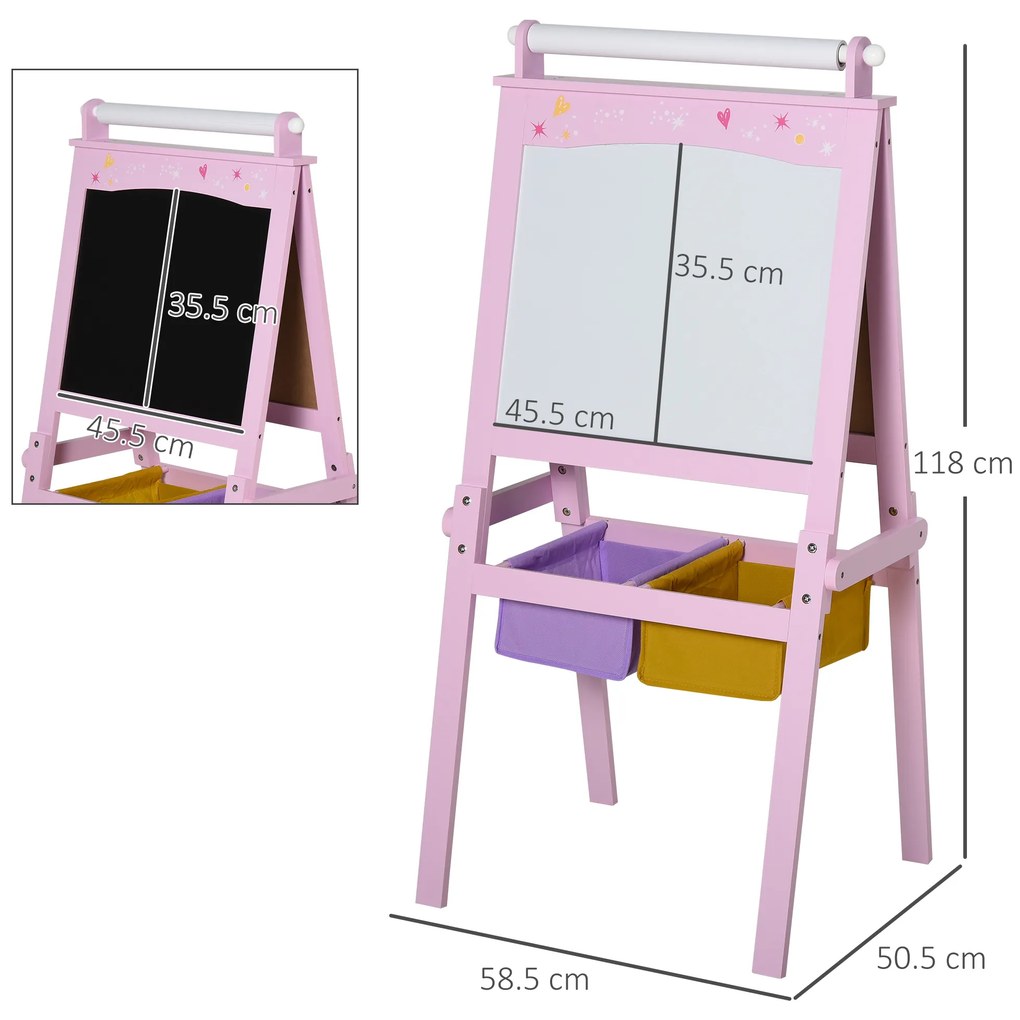 HOMCOM Sevalet Multifuncțional pentru Copii, cu Rola de Hârtie și Spațiu de Depozitare, Tablă Dublă, Roz, pentru Vârsta 3+ | Aosom Romania