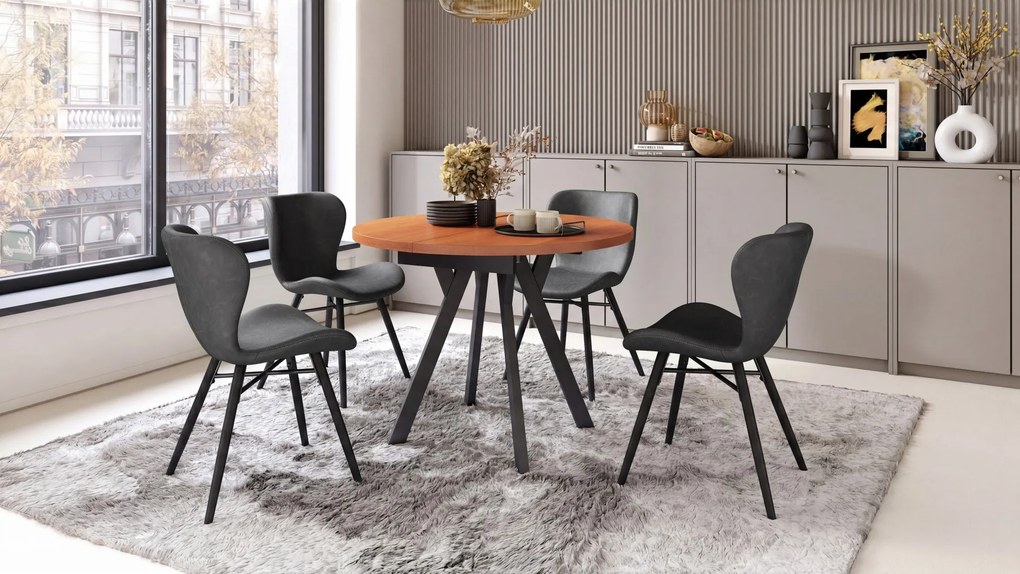 Mazzoni ALMO Calvados/picioare negre - MASĂ ROTUNDĂ EXTENSIBILĂ CU PICIOARE ÎN FORMĂ DE Y STIL LOFT PENTRU SALON/SUFRAGERIE