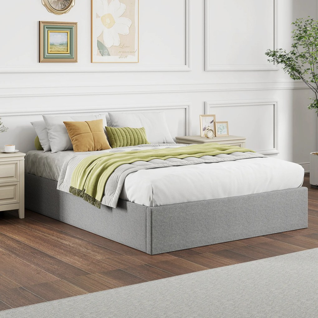 HOMCOM Cadru Pat Matrimonial 140x190 cm, Pat cu Spațiu de Depozitare, Pistoane cu Gaz, Lamele din Lemn, Fără Saltea, Silențios, Ușor de Montat, Înălțime 28 cm, Gri | Aosom Romania