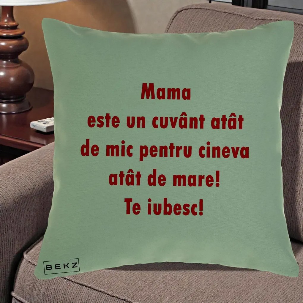 Cadou pentru Mama - Perna Personalizata Mama Cuvant Mic, 40x40 cm, Verde, Husa Detasabila, Perna Inclusa, BEKZ®