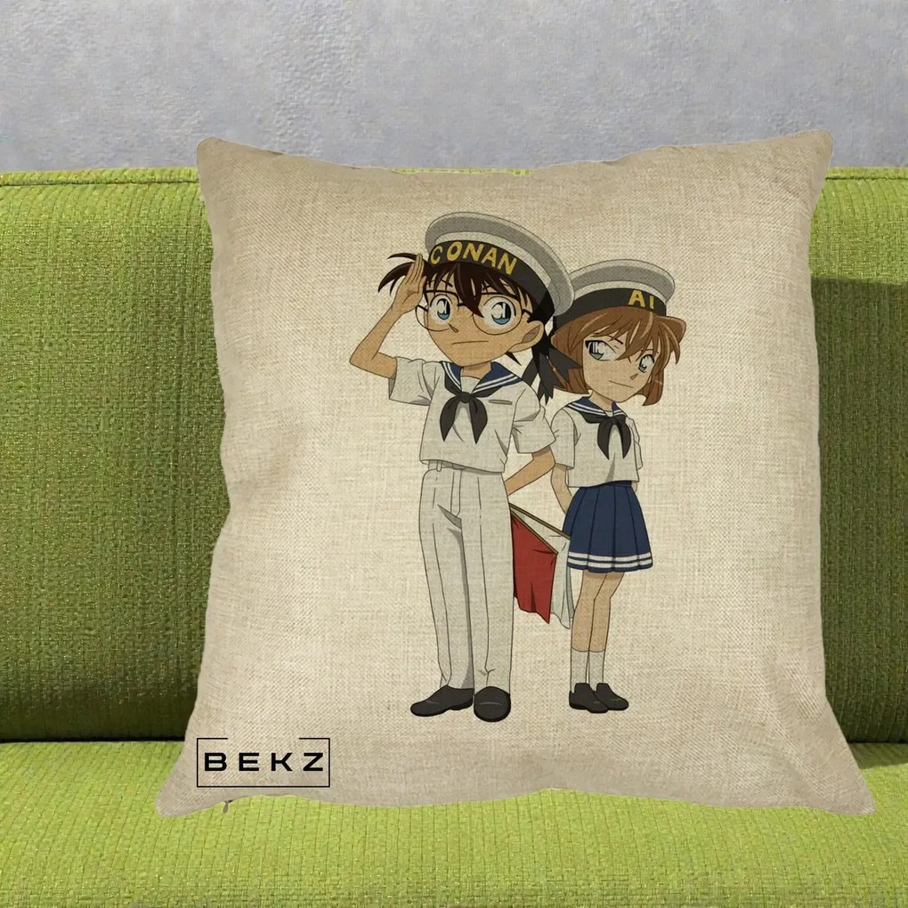 Perna Personalizata Detective Conan Conan si Ai Sailor, 40x40 cm, Crem, Husa Detasabila, Perna Inclusa, BEKZ®