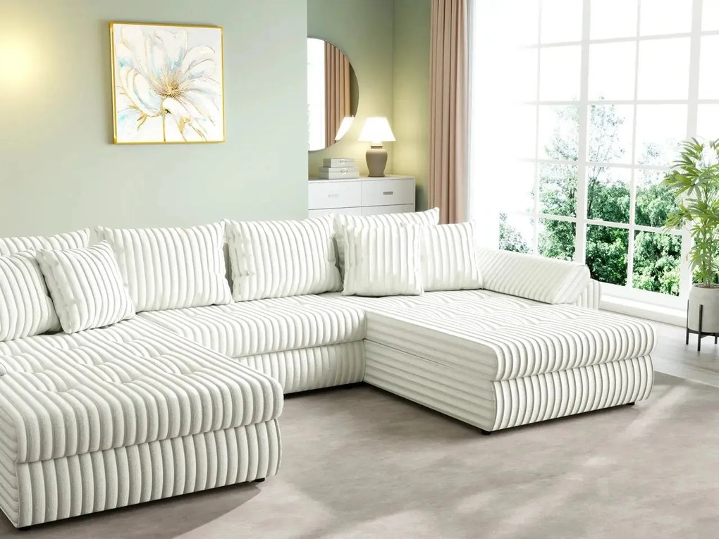 Colțar extensibil dumonde cu ladă de depozitare si sezut confortabil din spuma high-density, Loana U Ambience Ivory 355x185 cm