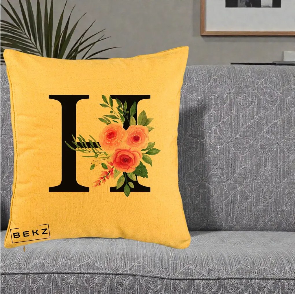 Cadou Personalizat - Perna Personalizata Monograma Florala Litera H cu Trandafiri Roz, 40x40 cm, Galben, Husa Detasabila, Perna Inclusa, BEKZ®