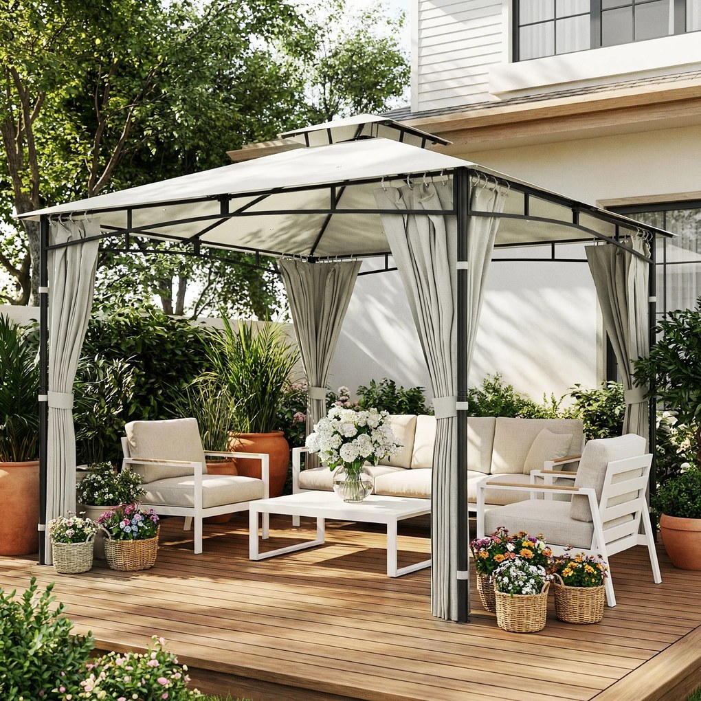 Outsunny Tonnelă de grădină pentru exterior Cadru de acoperiș retractabil și acoperiș dublu UV50+ Impermeabil 3x3 m Crem | Aosom Romania