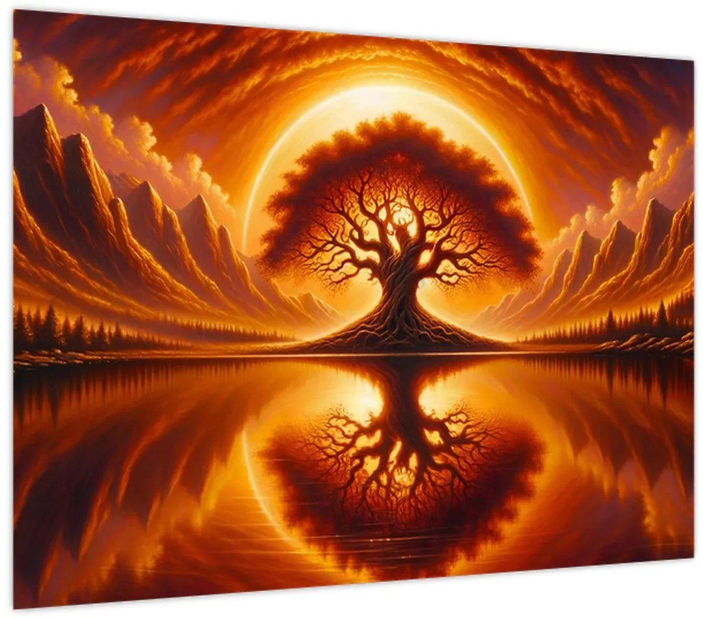 Tablou pe sticlă – Arbore în soare sângeriu (70x50 cm)