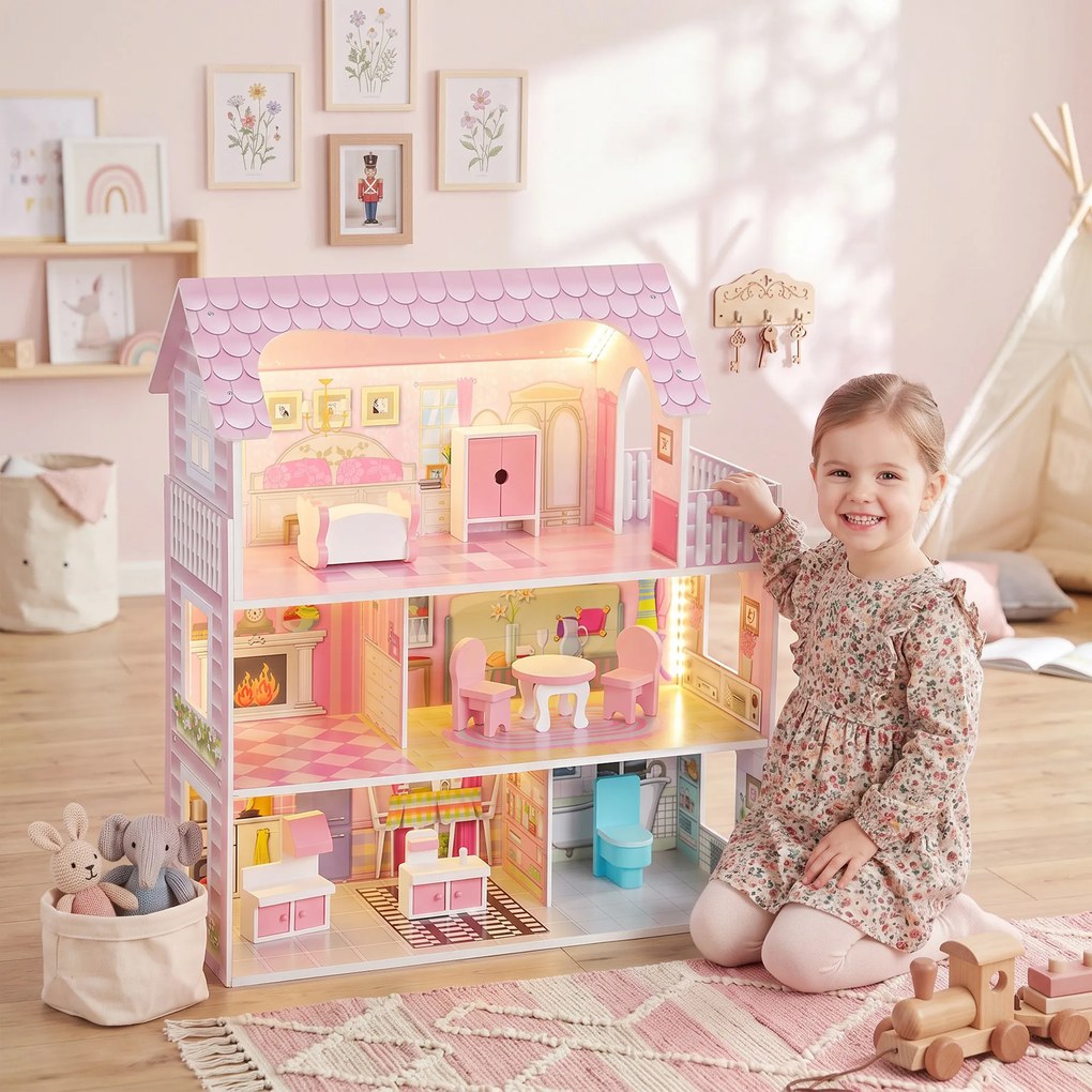 AIYAPLAY Casă de păpuși din lemn pentru copii, 3 niveluri, cu bandă LED DIY, 8 piese de mobilier, 6 camere, 3-6 ani, roz | Aosom Romania