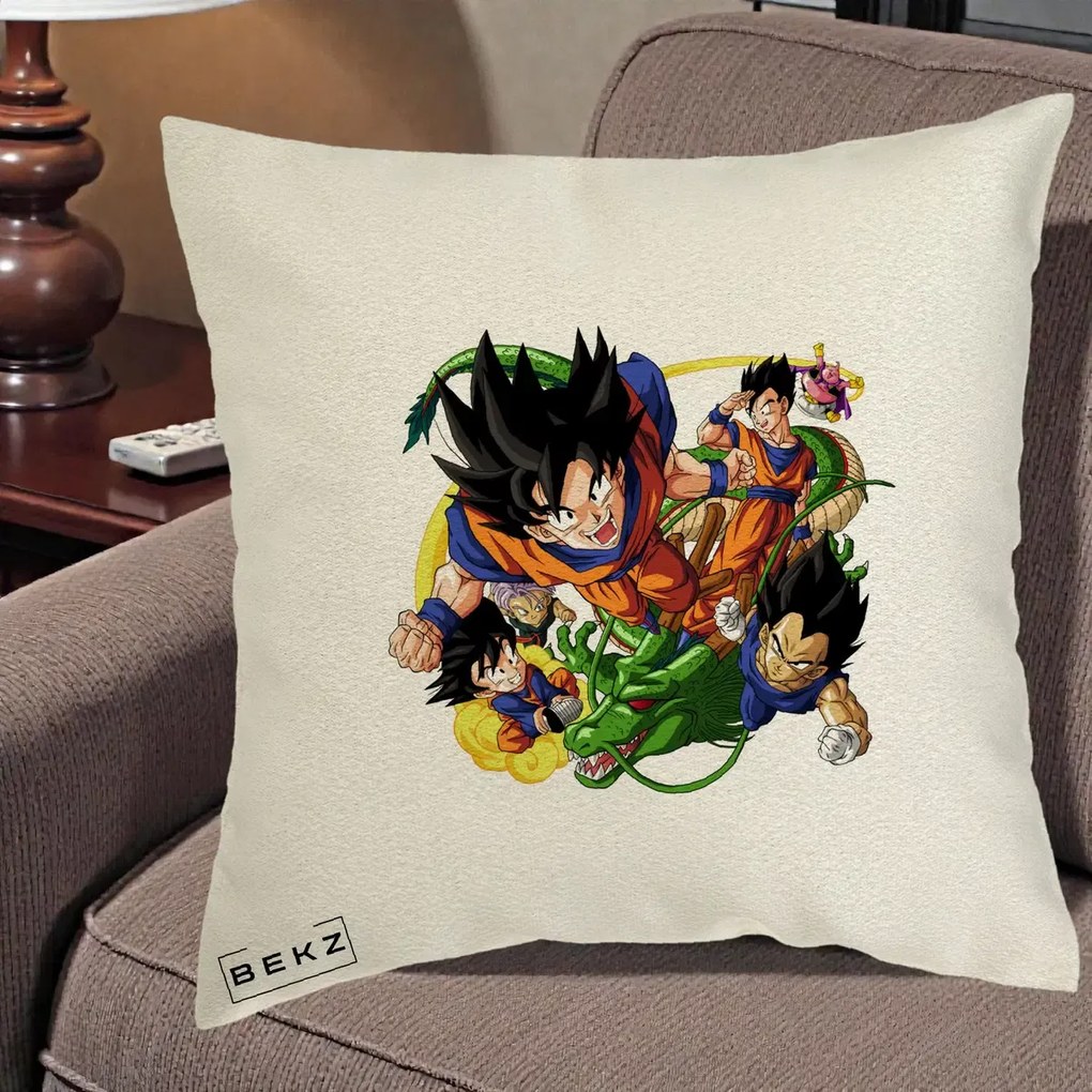 Perna Personalizata Dragon Ball Goku si Shenron Actiune, 40x40 cm, Ecru, Husa Detasabila, Perna Inclusa, BEKZ®