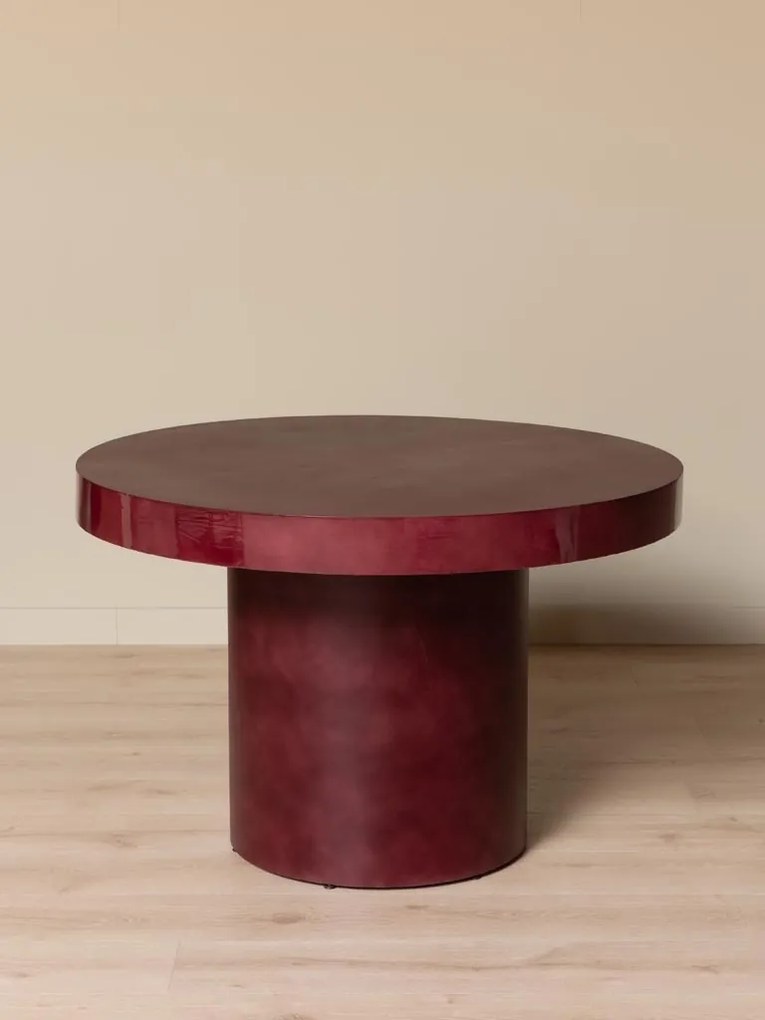 Masă de dining rotundă din metal, cu margine lăcuită și picior central cilindric, roșu cărămiziu, finisaj lucios, 120×77 cm, „Amarante"