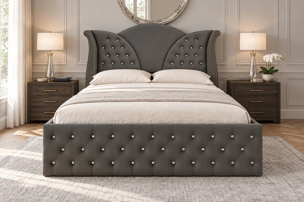 Pat tapițat Chesterfield din catifea Velora Cristal 140×200 cm, gri închis, cu ladă de depozitare