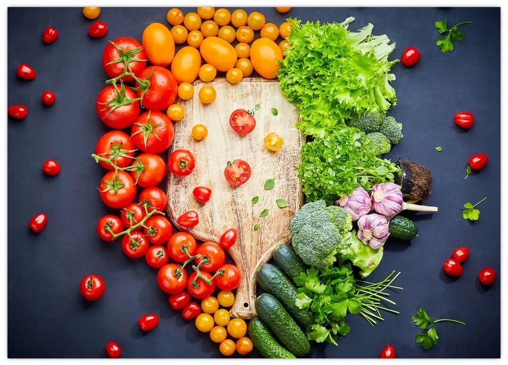 Tablou pe sticlă - Masa plină cu legume (70x50 cm)