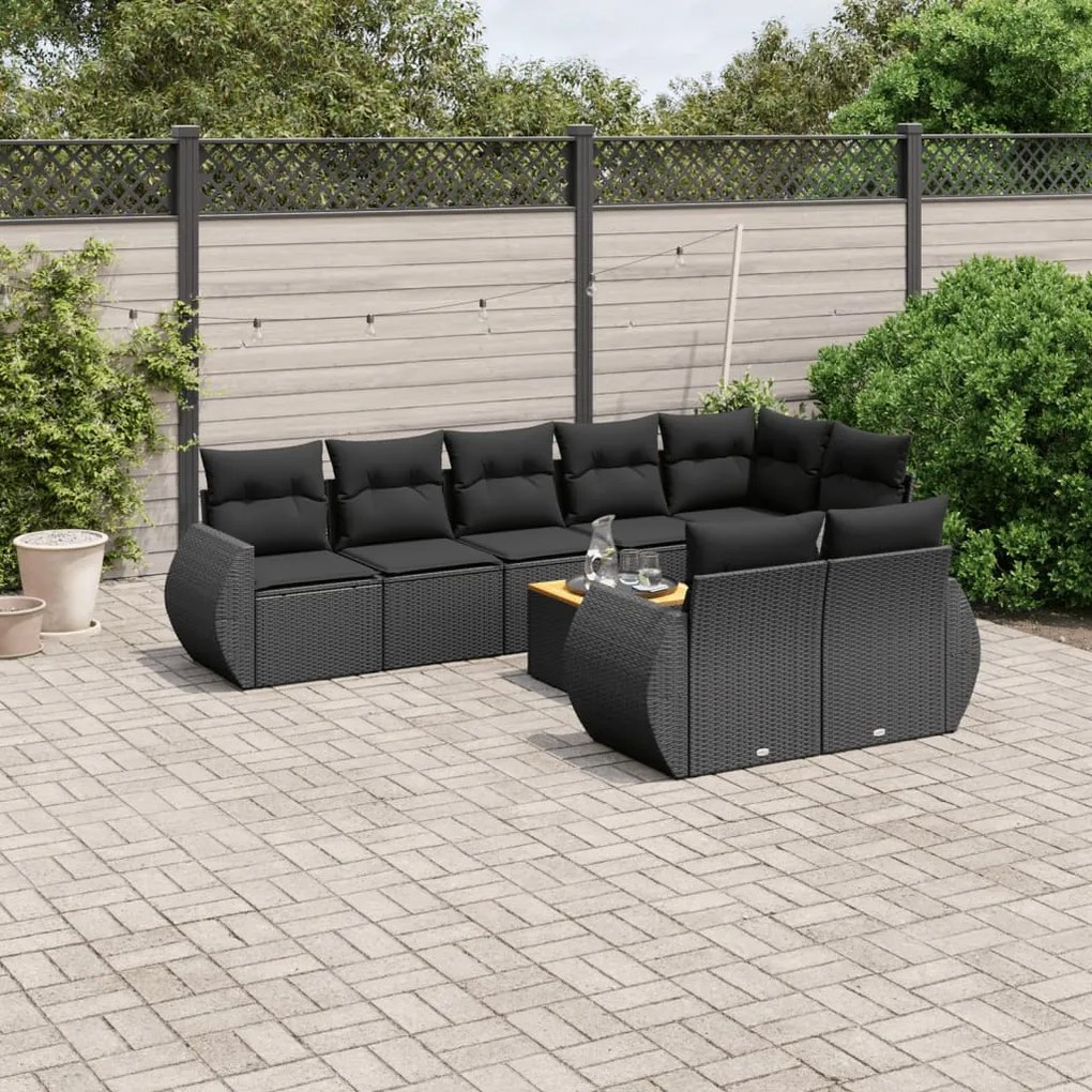 Set mobilier de gradina cu perne, 9 piese, negru, poliratan