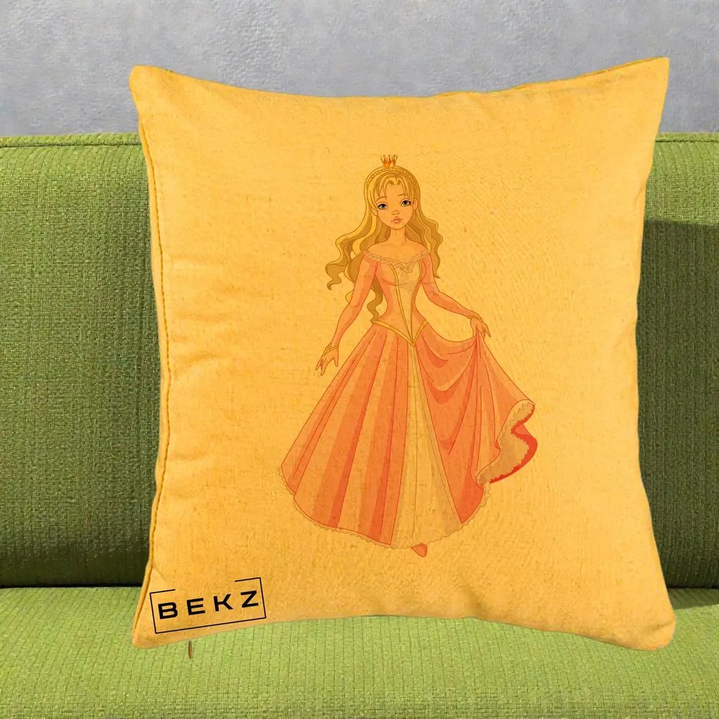Perna Decorativa Printesa Aurora Rochie Roz, 40x40 cm, Galben, Husa Detasabila, Perna Inclusa, BEKZ®