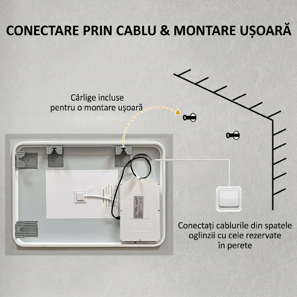 Kleankin Oglinda LED, Oglinda de Machiaj de Perete cu 3 Lumini, 800x600mm, Tactilă, Anti-Ceță, Montare Orizontală/Verticală | Aosom Romania