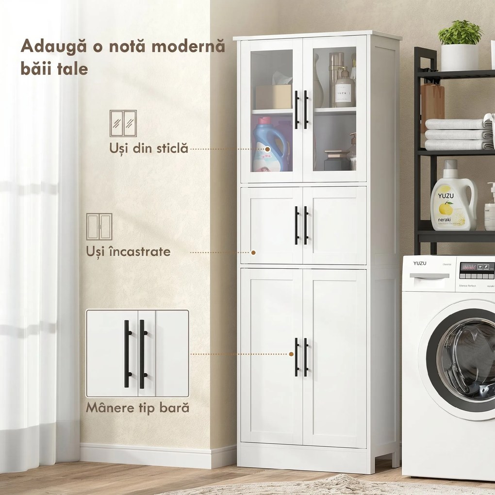 HOMCOM Dulap înalt de baie slim, 170 cm, cu 6 rafturi, uși din sticlă și rafturi reglabile, pentru living sau bucătărie, stil modern, 60x30x170 cm, alb | Aosom Romania
