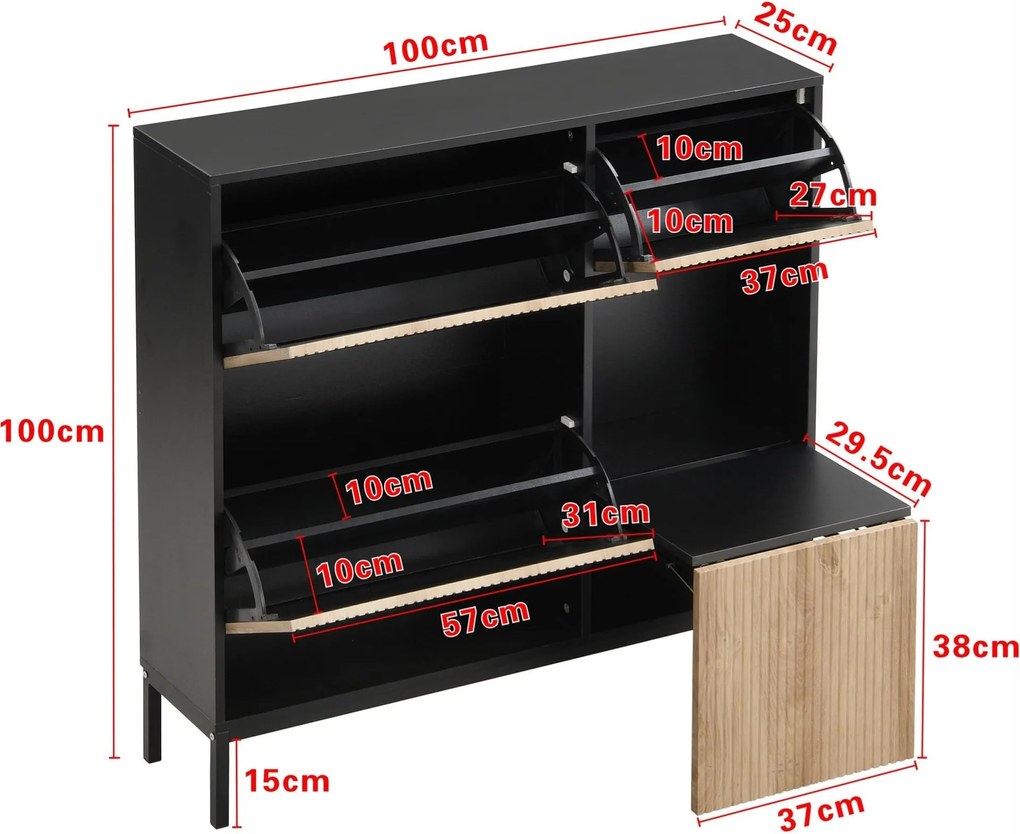 Dulap pentru pantofi cu taburet pentru schimbarea pantofilor, 3 compartimente cu suprafețe de depozitare, 100x25x100 cm, Negru+Culoare naturală