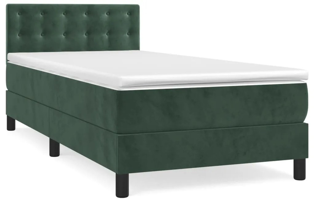 Pat box spring cu saltea, verde inchis, 90x200 cm, catifea Verde inchis, 90 x 200 cm, Nasturi de tapiterie