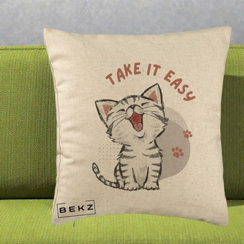 Perna Personalizata Take It Easy Cat, 40x40 cm, Bej, Husa Detasabila, Perna Inclusa, BEKZ®