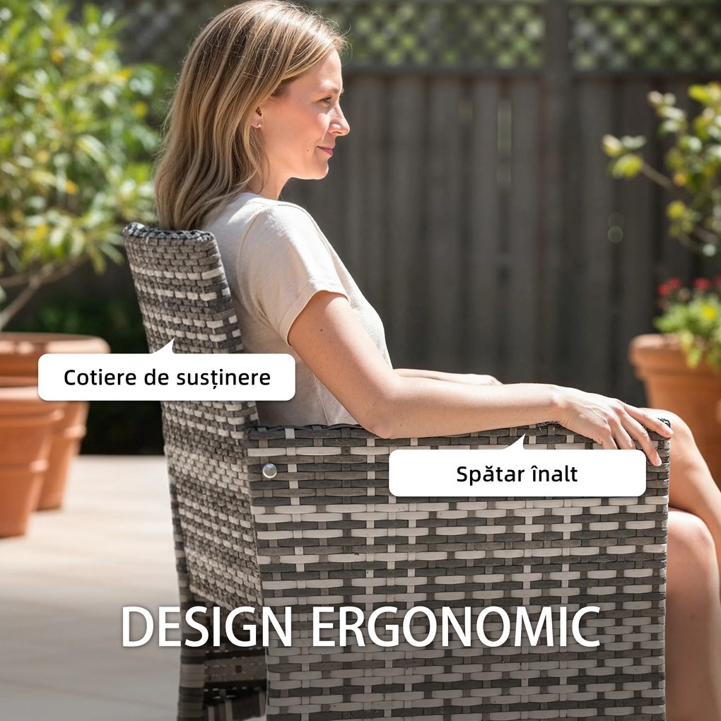 Outsunny Set de 2 Scaune de Grădină din Ratan, Scaune de Exterior cu Perne, Cotiere și Spătar Înalt, Cadru din Oțel pentru Verandă, Balcon, Lângă Piscină și Grădină, Gri | Aosom Romania