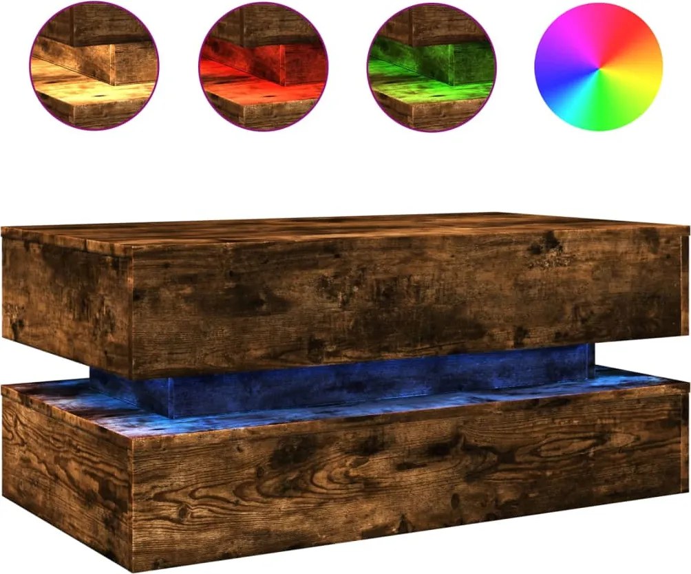 vidaXL Măsuță de cafea cu lumini LED, stejar afumat, 90x50x40 cm