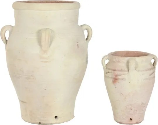 Set 2 amfore decorative din teracotă artizanală, finisaj craft alb-crem, 4 anse, 53×53×72 cm, „Jerba"