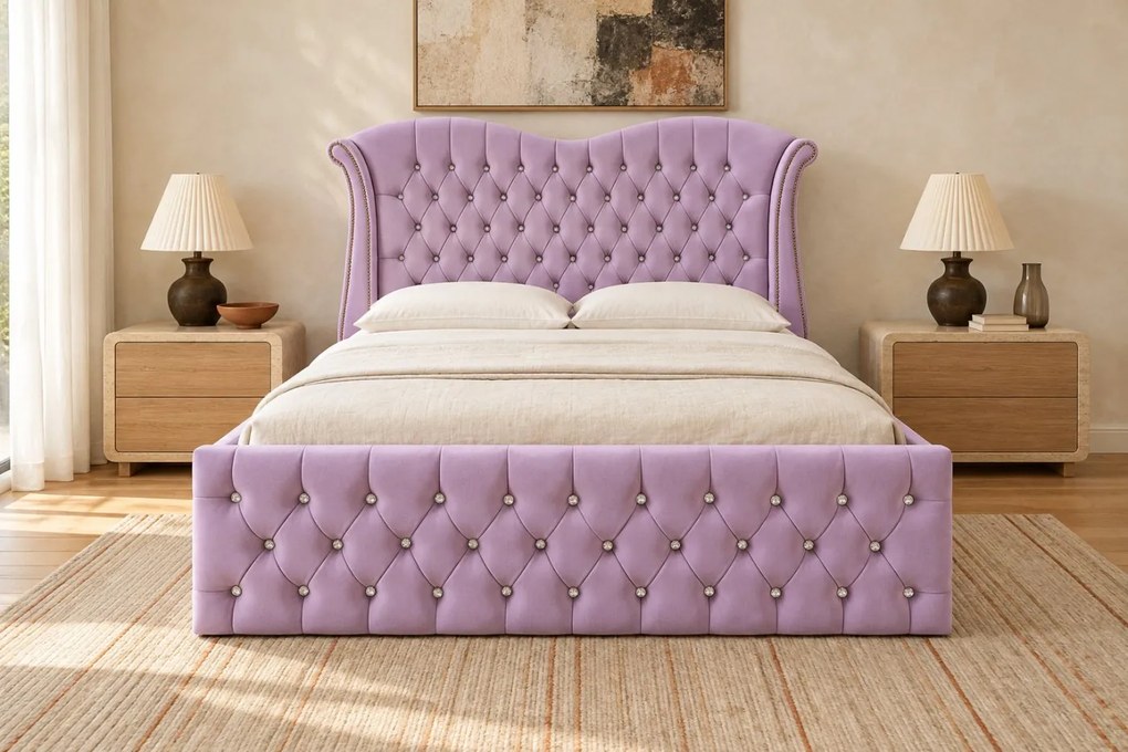 Pat tapițat Chesterfield Avella 160×200 cm, lila, cu ladă de depozitare