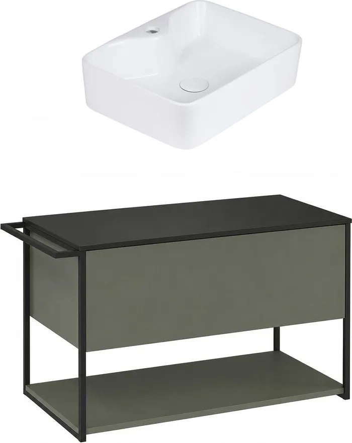 Set dulap baza suspendat Krofam Lov verde-negru 80 cm blat negru si lavoar 49x38 cm