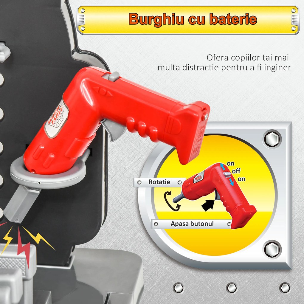 HOMCOM Banc de Lucru Jucarie cu 50 Accesorii, Unelte pentru Copii 3-6 Ani cu Bormasina cu Baterie, Negru Gri