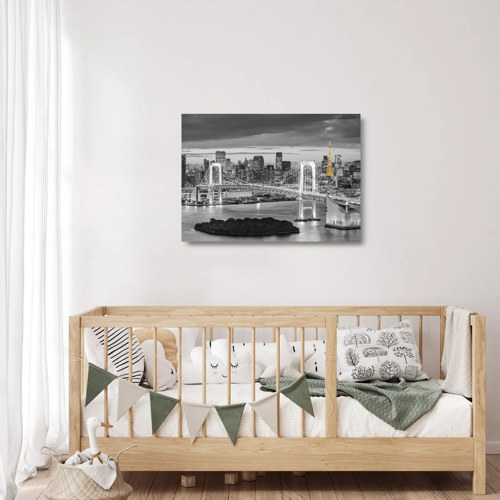 Tablou pe sticlă - Orașul mare cu turnul galben (70x50 cm)