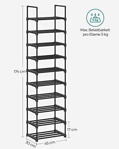 Suport pantofi cu 10 rafturi, metal / plastic, negru, Vasagle