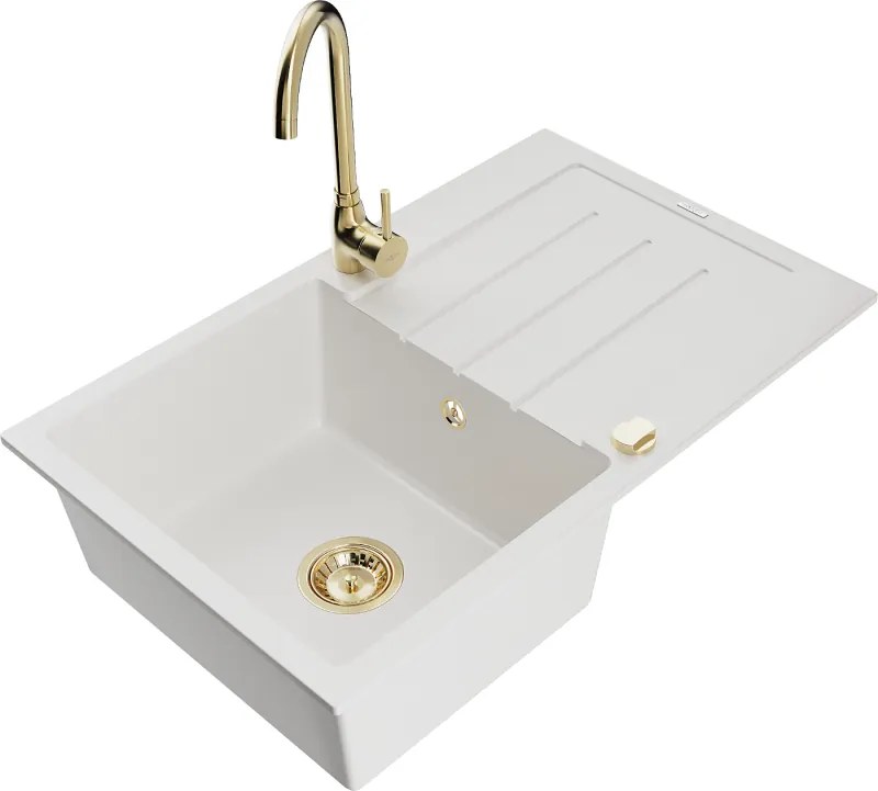 Mexen Bruno chiuvetă de granit cu o singură cuvă cu scurgător și baterie de bucătărie Telma, alb - 6513-20-670200-50