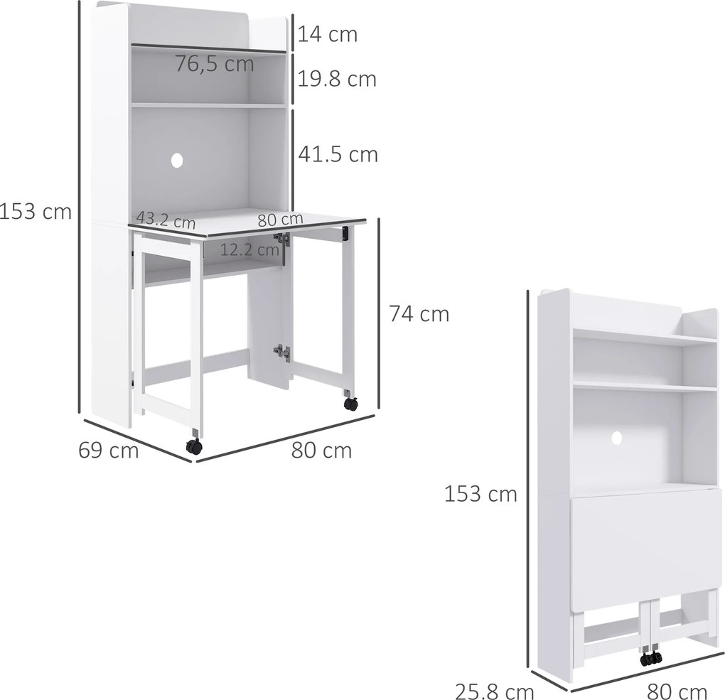 HOMCOM Birou cu Rafturi, Blat Pliabil, 2 Roți și 4 Rafturi, Birou Compact Modern cu Orificiu pentru Cabluri, Masă pentru Computer, Casă Birou Cameră de Studiu, 80x69x155 cm, Alb | Aosom Romania