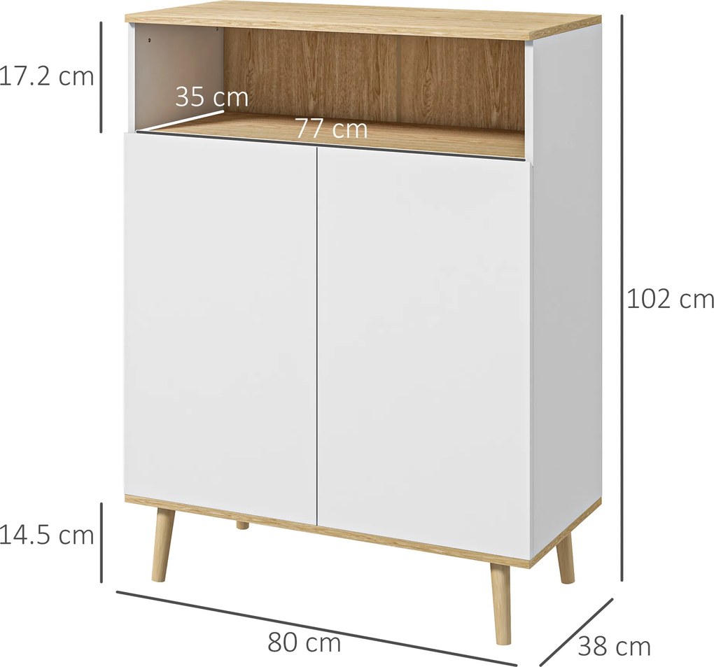 HOMCOM Bufet de bucătărie scandinav cu 2 uși, raft reglabil și picioare din lemn de pin, 80x38x102 cm, alb și stejar | Aosom Romania