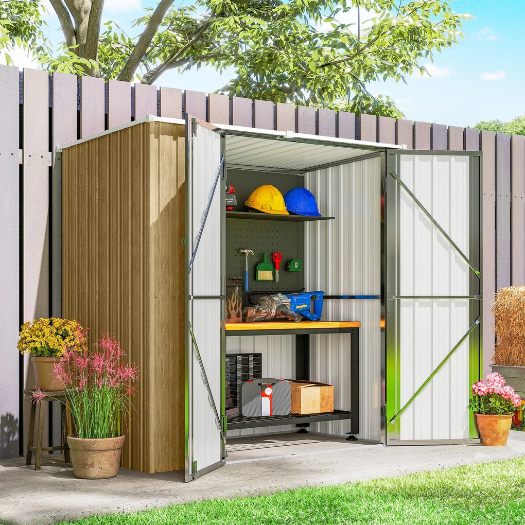 Outsunny Șopron metalic de grădină exterior 1,37 m² 163x89x163 cm cu acoperiș înclinat, uși cu zăvor și mănuși maro | Aosom Romania