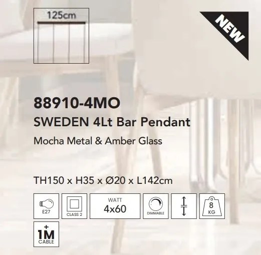 Lustra moderna cu 4 pendule Sweden moca, chihlimbar