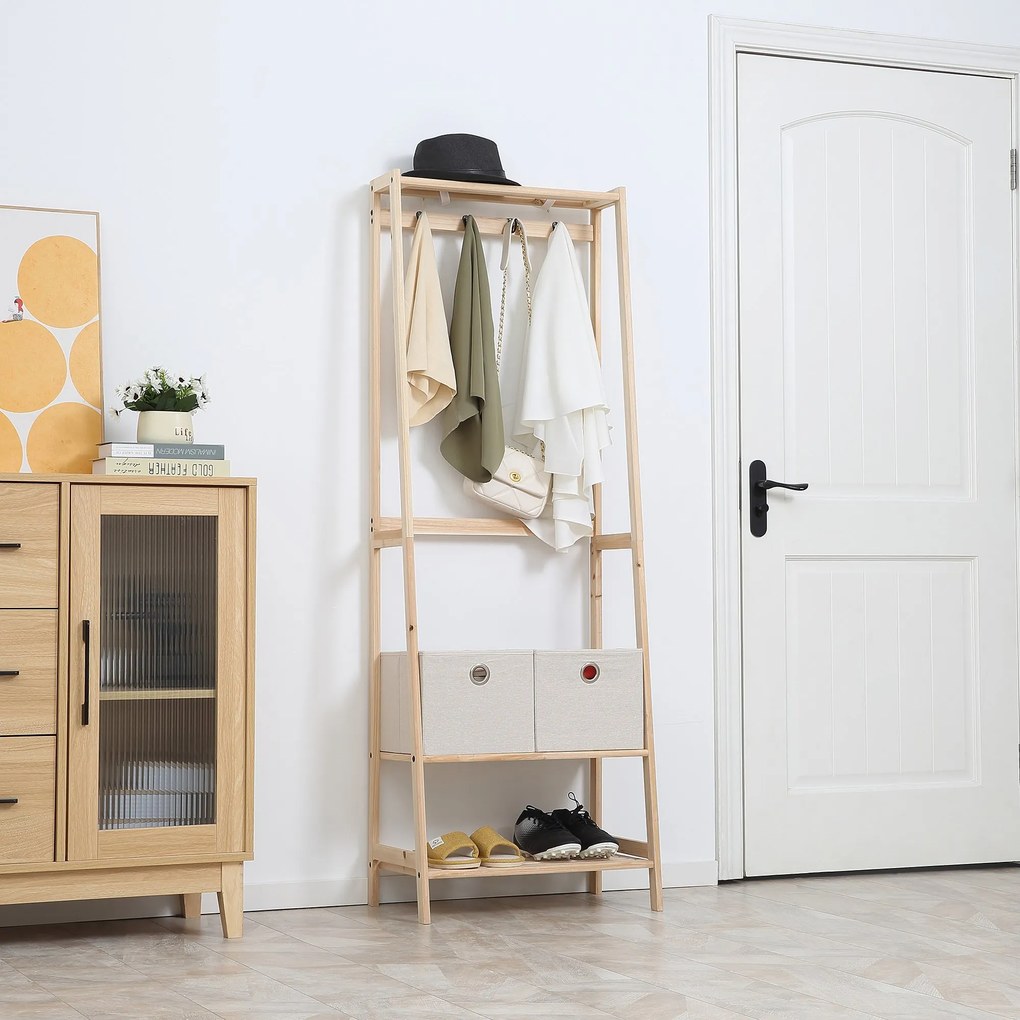 HOMCOM Cuier Hol, cu Rafturi, Design Natural din Lemn, 58x36x168 cm | Aosom Romania