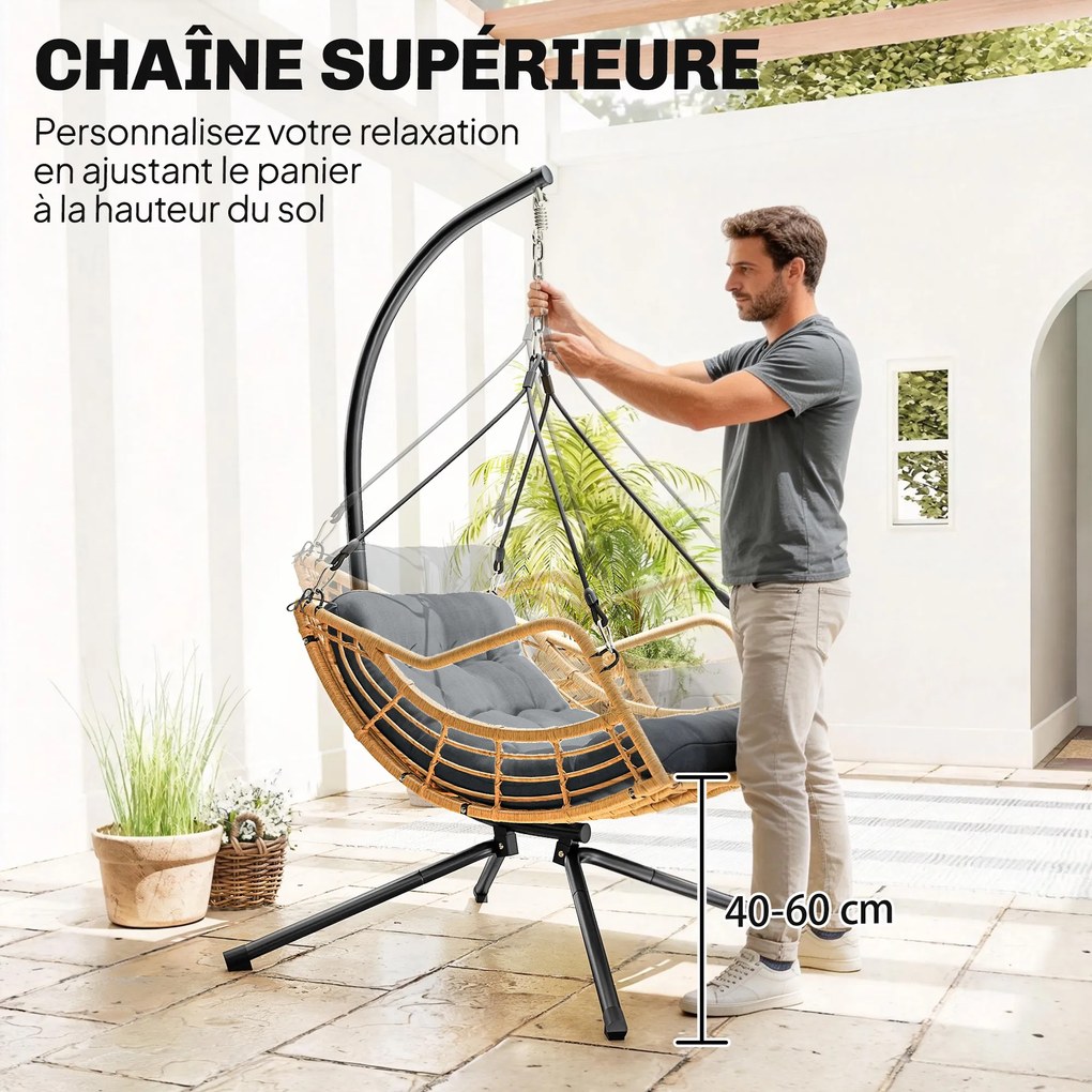 Outsunny Fotoliu suspendat din rășină împletită cu suport, scaun suspendat, pernă, prindere de siguranță, înălțime reglabilă, gri | Aosom Romania