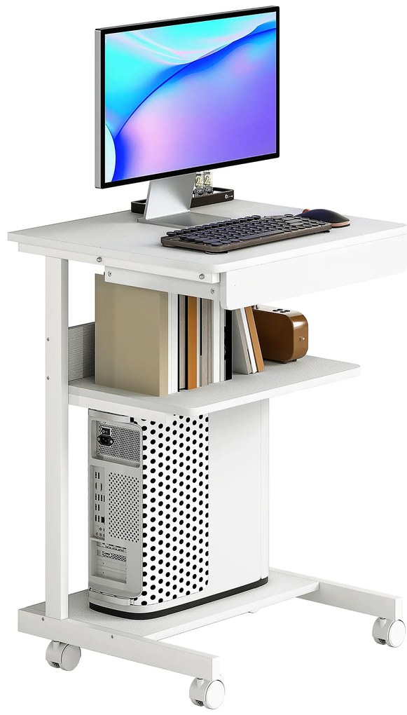 HOMCOM Birou de computer pe roți, birou cu depozitare 56 x 51 cm cu sertar, compartiment și suport CPU, alb | Aosom Romania