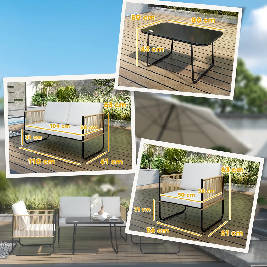 Outsunny Set Mobilier de Grădină din 4 Piese cu Canapea, 2 Fotolii și Măsuță, 110x61x63 cm, Alb Crem | Aosom Romania