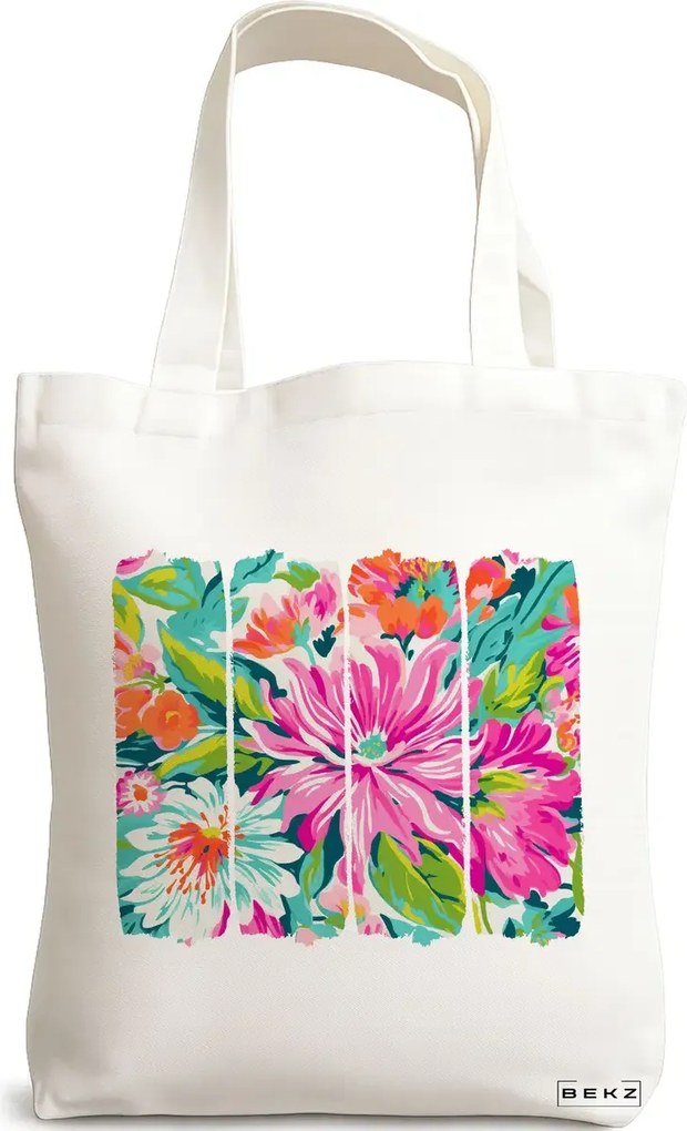 Sacosa de Panza pentru Cumparaturi, Geanta Tote, model Flower Watecolor 5, 38 x 34.5 cm, Alba, BEKZ®