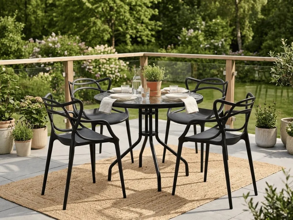Masa gradina rotunda cu blat de sticla ISLAND 90 cm, negru