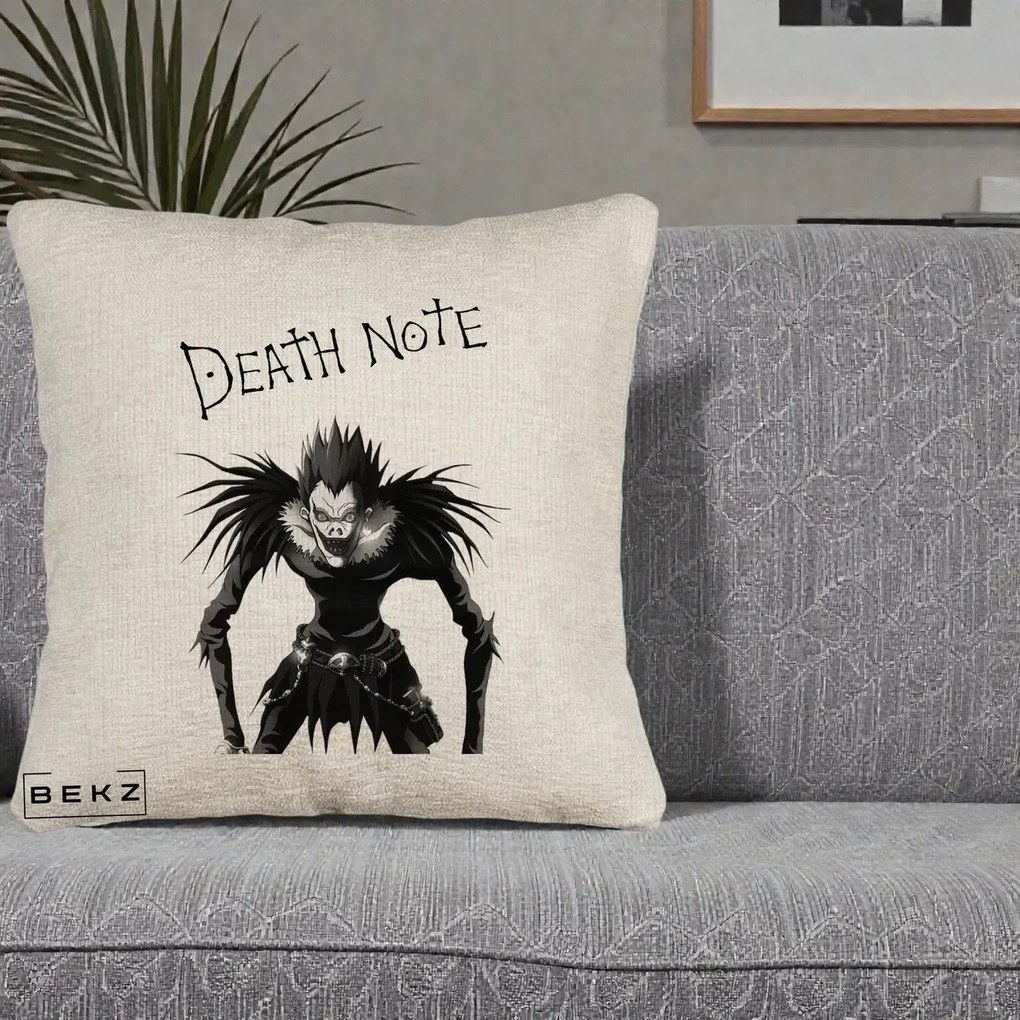 Perna Personalizata Death Note Ryuk Shinigami Alb-Negru, 40x40 cm, Bej Canapea, Husa Detasabila, Perna Inclusa, BEKZ®