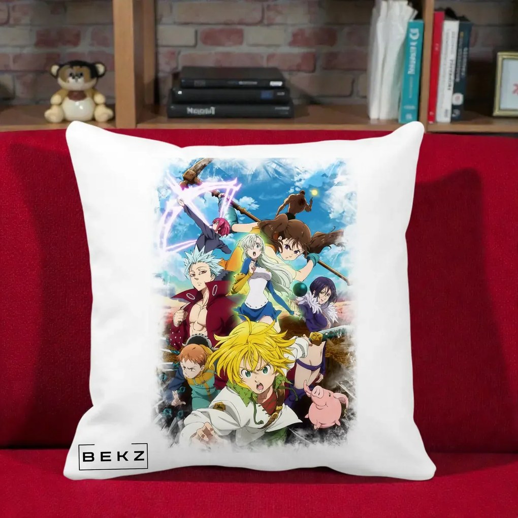 Perna Personalizata Nanatsu no Taizai Cele Sapte Pacate Mortale Anime, 40x40 cm, Alba Mata, Husa Detasabila, Perna Inclusa, BEKZ®