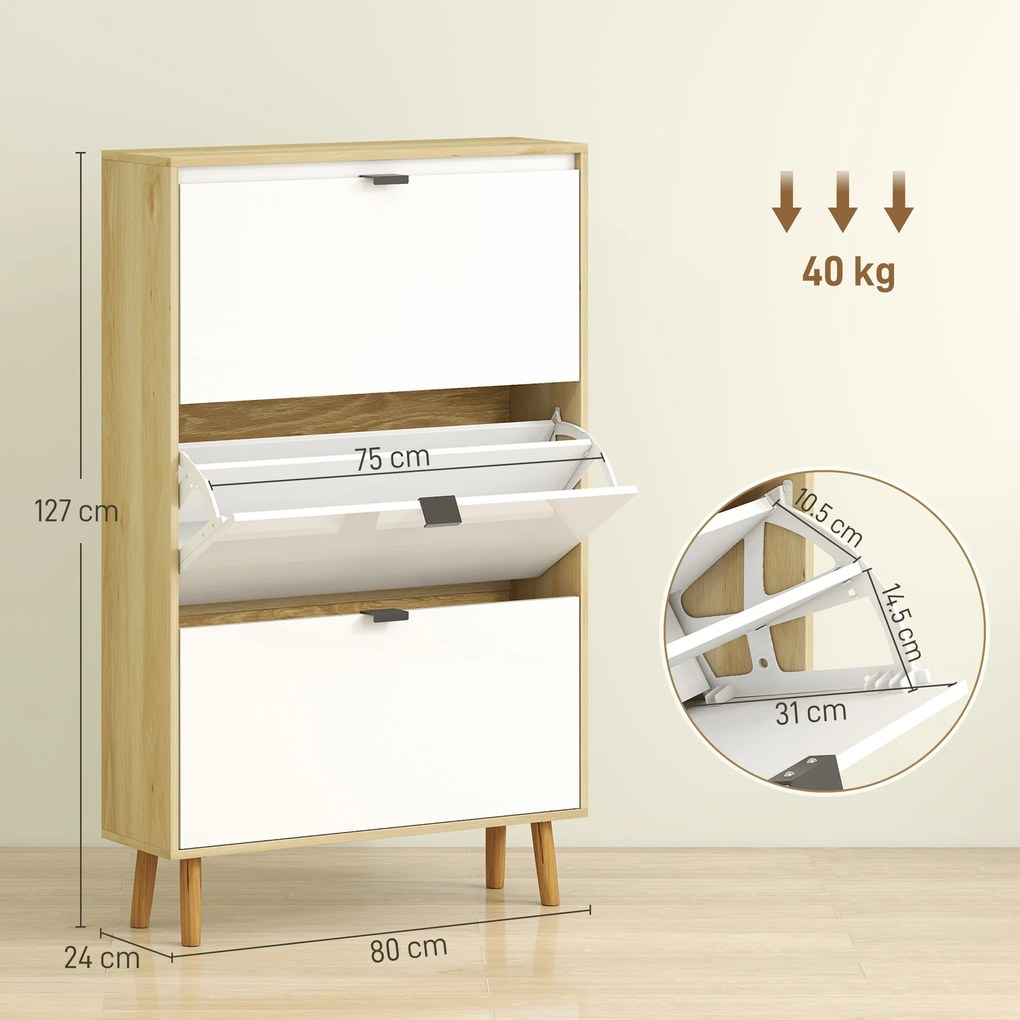 HOMCOM Dulap de pantofi subțire modern cu 3 sertare rabatabile pentru 24 de perechi de pantofi, Alb | Aosom Romania